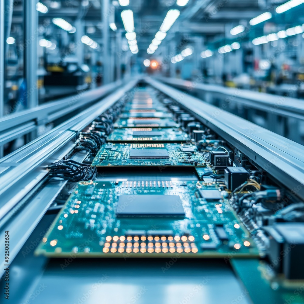 Aufkleber close-up view of electronic circuits on a modern assembly line in a high-tech factory, representing 