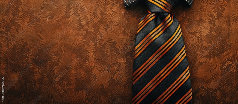 Poster top view of a striped necktie on a brown background with copy space image available