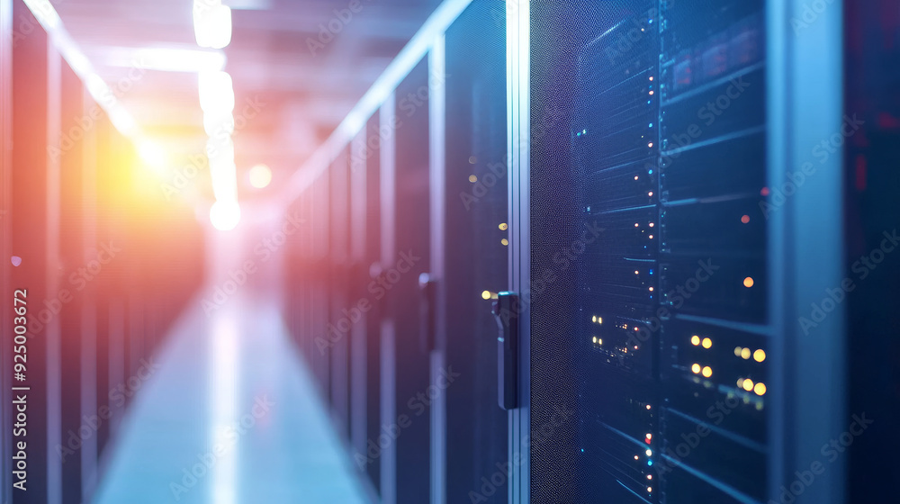 Poster a defocused corridor view in a spacious data center, featuring rows of rack-mounted servers and supe