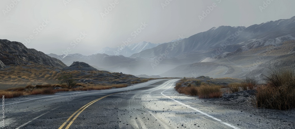 Poster mountainous landscape with a gray overcast sky stretching above it an empty road meanders through th