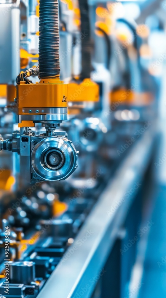 Poster close-up view of industrial robotic arms in a factory assembly line, showcasing advanced technology 