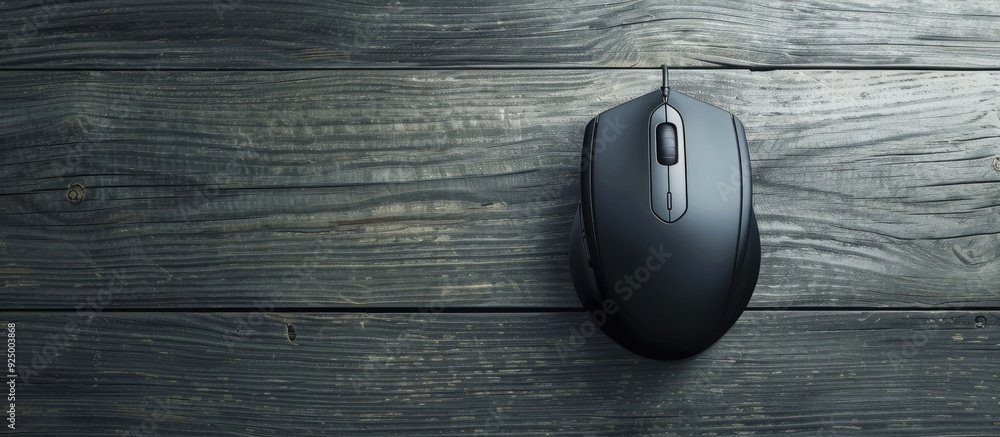 Poster a single wired mouse resting on a gray wooden table in an overhead view providing a clear copy space