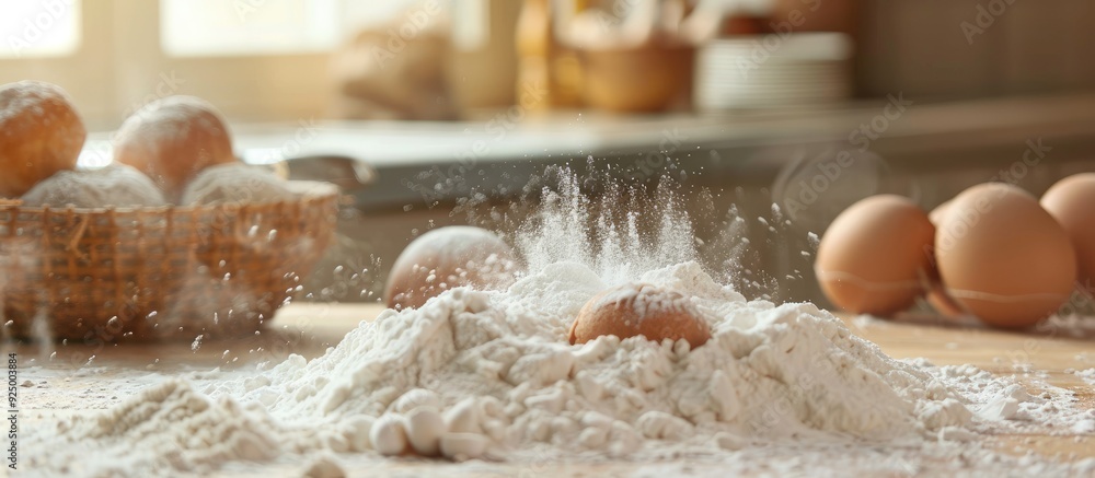 Poster high quality image for baking on a kitchen countertop with flour as the backdrop perfect for copy sp