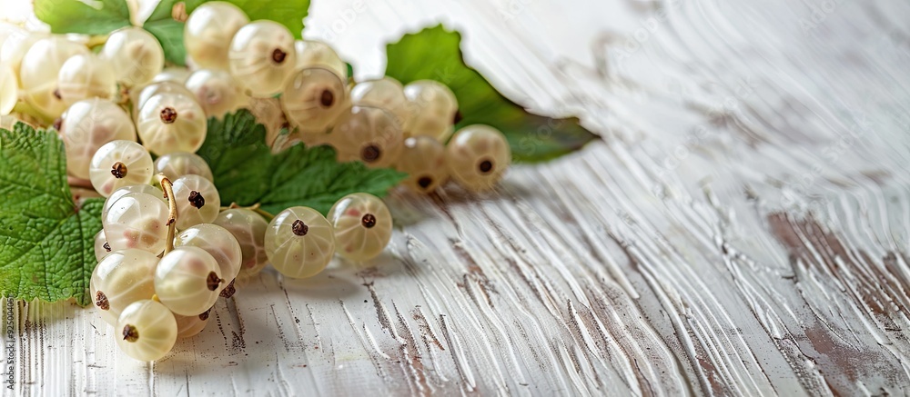 Poster close up shot of fresh white currant berries and a green leaf on a white wooden table with room for 