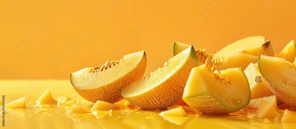 Poster sweet melon chunks on a yellow backdrop with copy space image