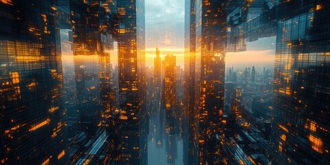 Naklejka premium Futuristic Cityscape with Reflected Sunset and Illuminated Windows