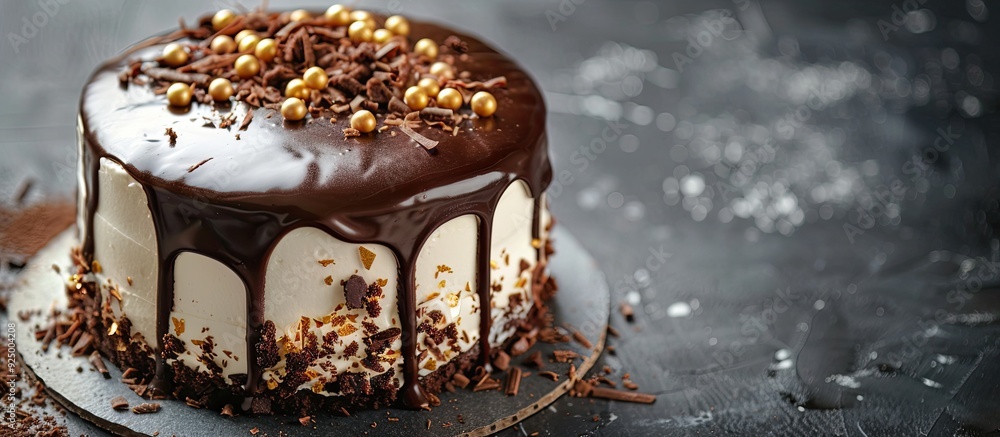 Poster luxurious cake topped with gold on a gray background with space for text is a melted chocolate image