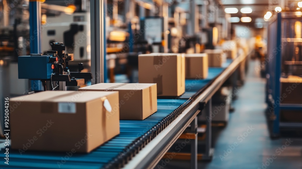 Poster conveyor belt in a modern factory moving boxes, representing industrial automation and efficient pro
