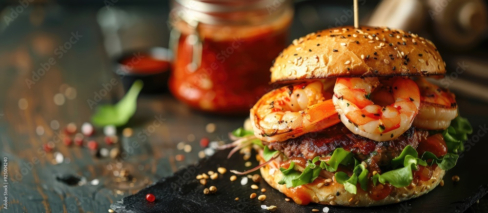 Aufkleber close up image of a burger with shrimp and meat arranged on a black napkin accompanied by a jar of r