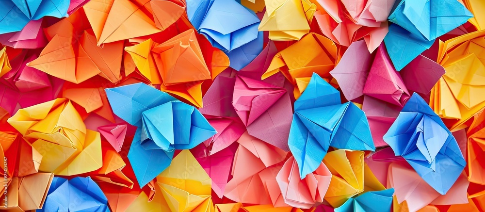 Poster vibrant origami scattered, creating a beautiful display with copy space image.