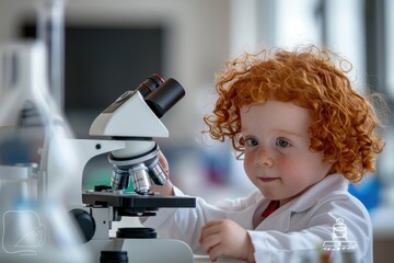 Red-haired child using a microscope in a lab setting, symbolizing the early introduction to scientific tools and the wonders of discovery