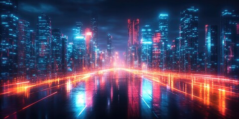 Fototapeta premium Neon-Lit Cityscape with Reflections on Wet Pavement at Night