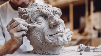 Naklejka premium A close-up of hands sculpting a clay figure, showing intricate detailing on the face, symbolizing the art of craftsmanship and creativity.