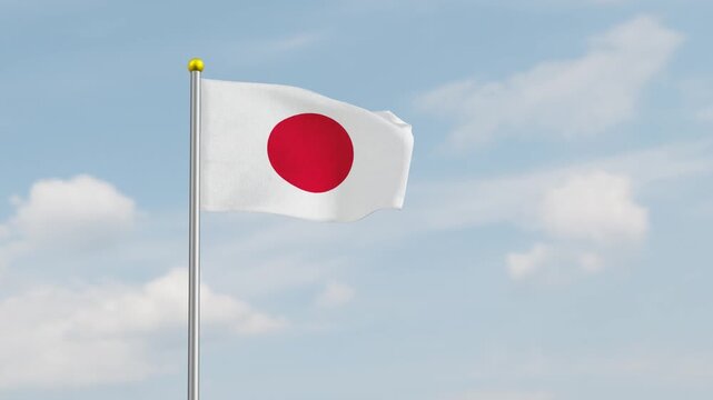 animation of the Japanese national flag waving in the wind against a clear sky background. japan fying flag with realistic fabric texture. perfect for independence day. japan fluttering flag