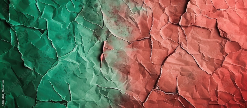 Poster close up copy space image of textured green and red paper for banner backdrop
