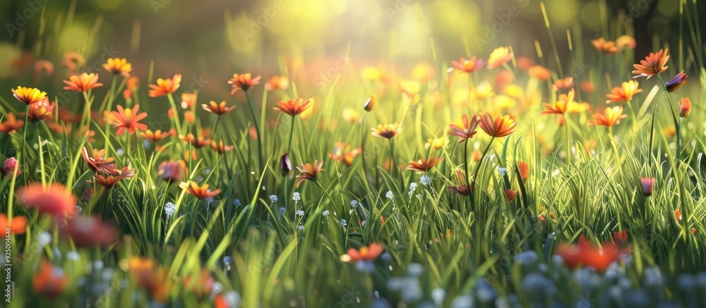 Poster various colors and textures enrich a garden grassy background creating an appealing view for your co