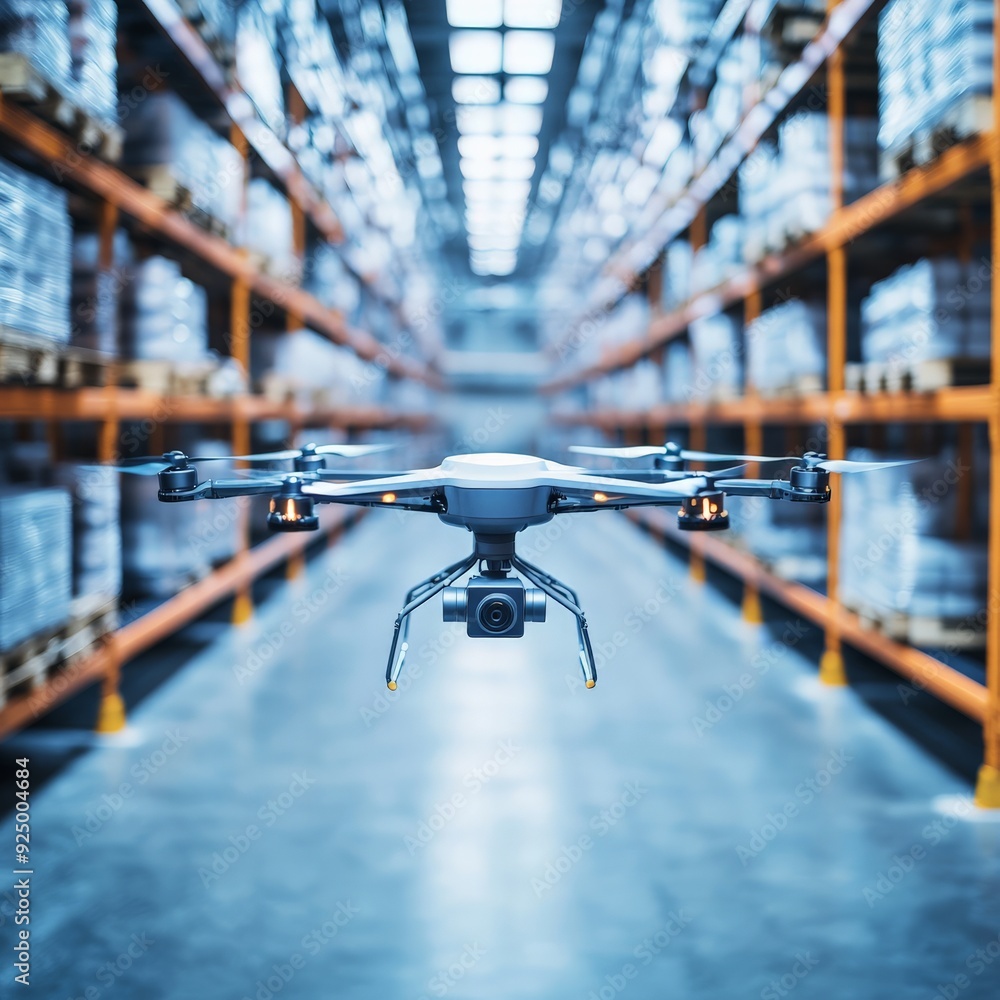 Poster drone navigating through a modern warehouse with shelves of goods. concept of technology and automat