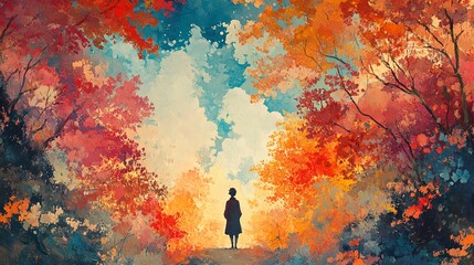 Fototapeta premium Fantasy Anime Watercolor Postcard: Enchanted Forest Path Trail, Vibrant Illustration with Colorful Fantasy Elements