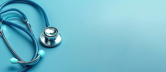 Close up of a stethoscope on a soft blue backdrop with a designated area for text ideal for a copy space image