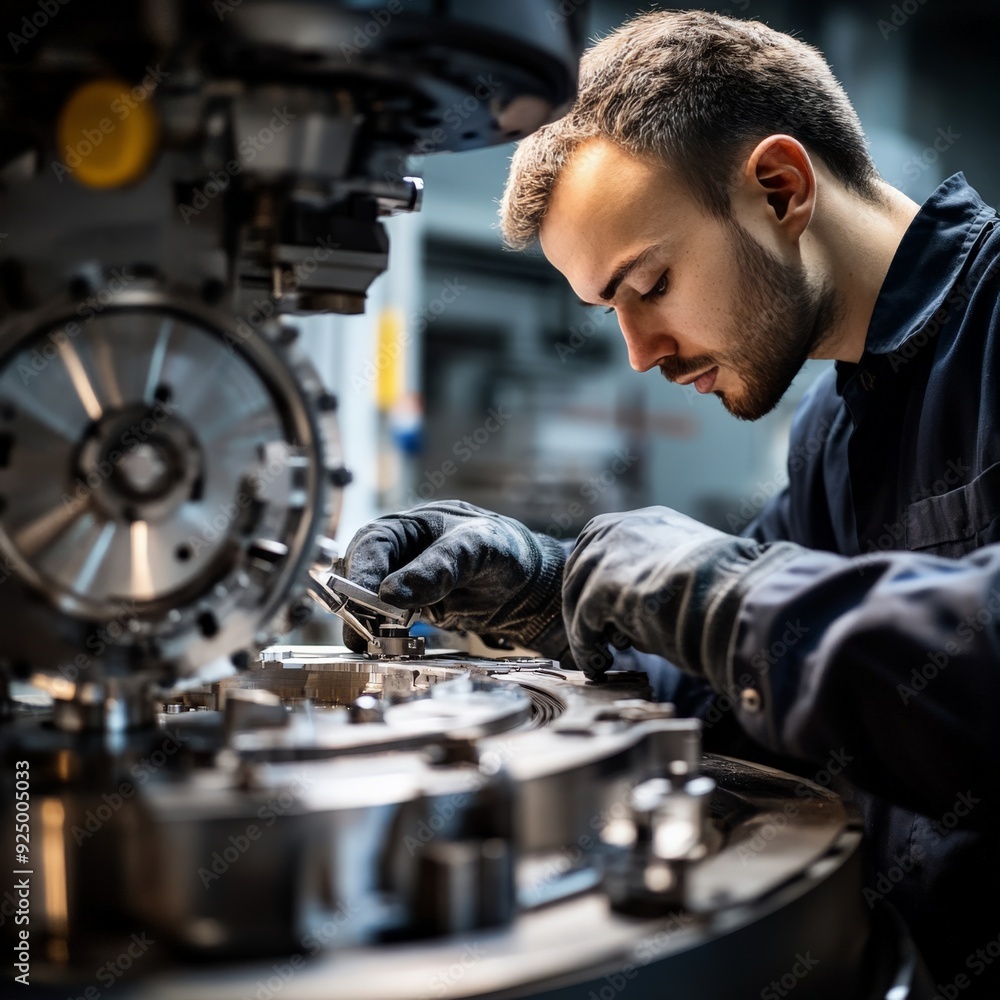 Poster engineer focused on precision machinery assembly in an industrial setting, demonstrating professiona