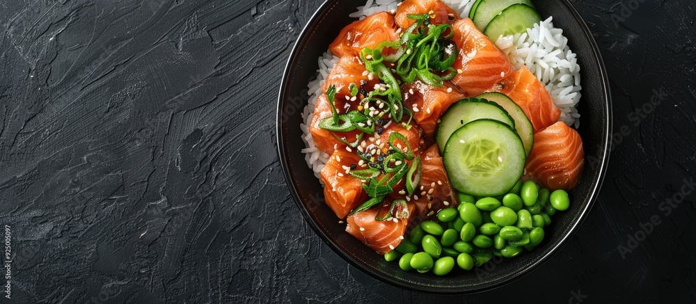 Aufkleber salmon poke bowl with cucumber edamame and rice on a dark backdrop seen from above featuring a blank