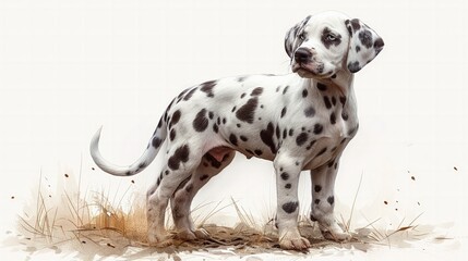 A charming illustration of a small, spotted Dalmatian puppy with a playful expression, standing with its tail wagging, isolated on a white background.