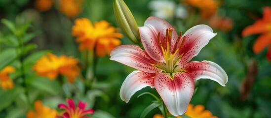 Fototapeta premium A red and white lily blooming in a summer allotment set against a backdrop of green grass and common marigolds creating a floral background with copy space image