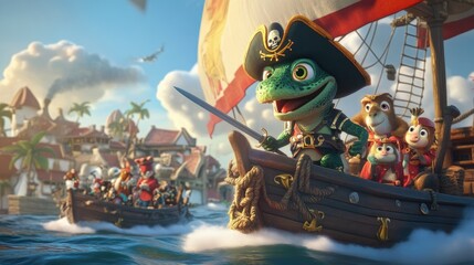 Naklejka premium A cartoon lizard with a pirate hat and sword, sailing on a pirate ship with a crew of friendly animals, searching for treasure.