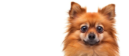 Obraz premium Pomeranian dog with brown fur in a stunning isolated portrait with a white background and copy space image.
