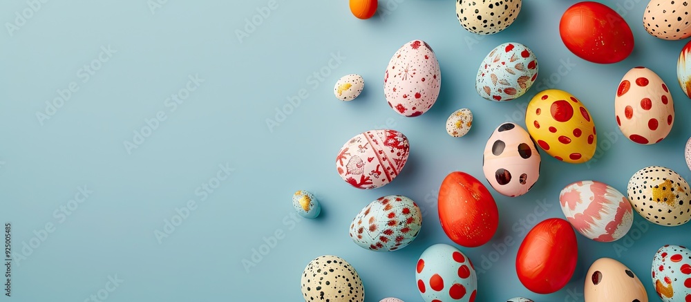 Poster top view of a collection of decorative easter eggs displayed on a colored background, featuring copy