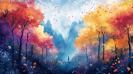 Obraz premium Fantasy Anime Watercolor Postcard: Enchanted Forest Path Trail, Vibrant Illustration with Colorful Fantasy Elements