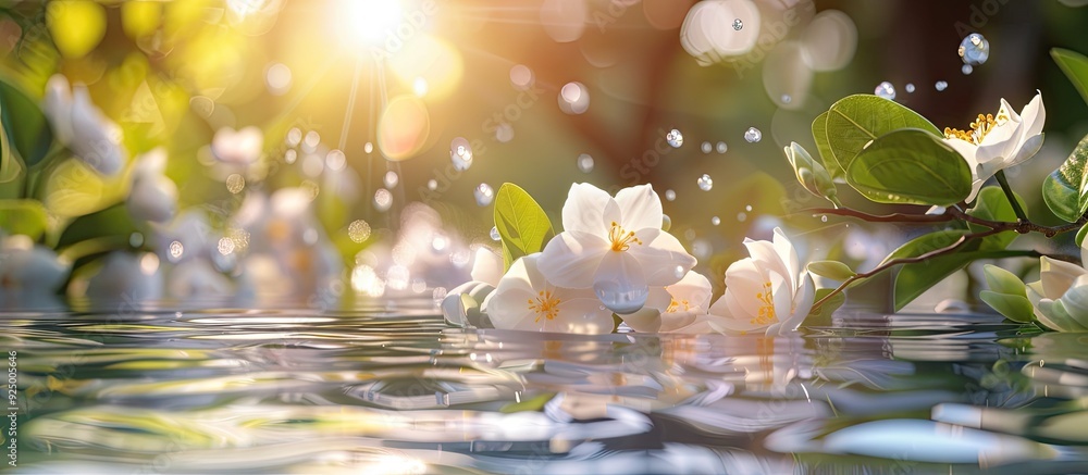 Poster a summery backdrop featuring jasmine flowers floating in water against a blurred background perfect 