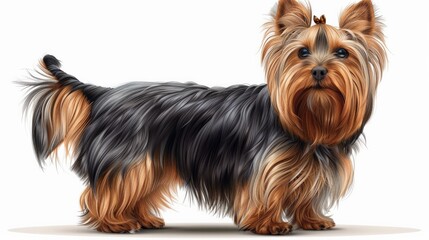 A detailed illustration of a Yorkshire terrier with a silky coat and a bow in its hair, standing proudly, isolated on a clean white background.