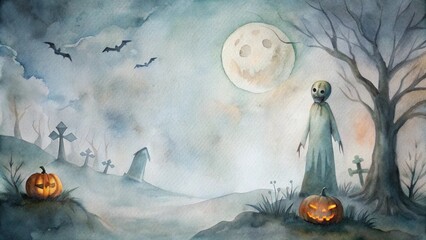 Spooky Halloween scene with a glowing Jack-o'-lantern, haunted house, full moon, and flying bats in a misty graveyard. Perfect for Halloween decorations, cards, and themed projects.