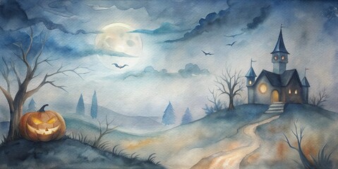 Spooky Halloween scene with a glowing Jack-o'-lantern, haunted house, full moon, and flying bats in a misty graveyard. Perfect for Halloween decorations, cards, and themed projects.