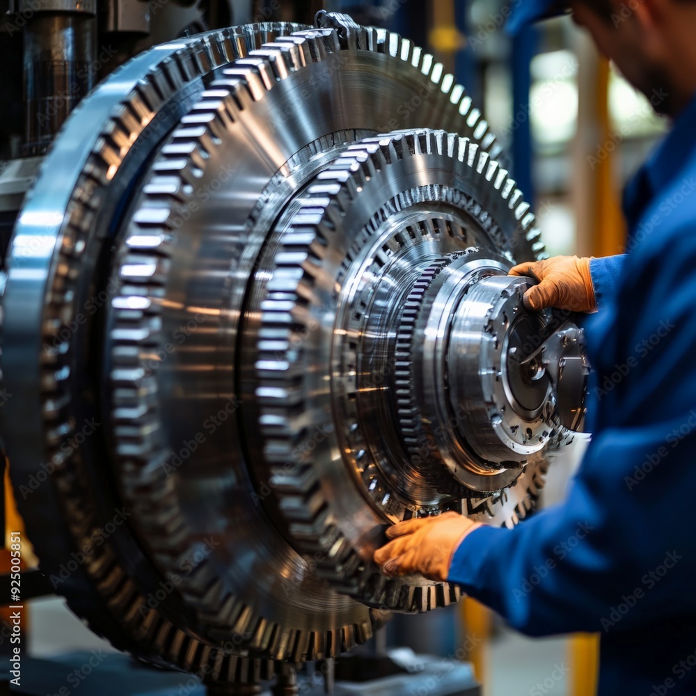 Poster engineer inspecting large industrial gear system in a factory setting, focusing on precision and tec
