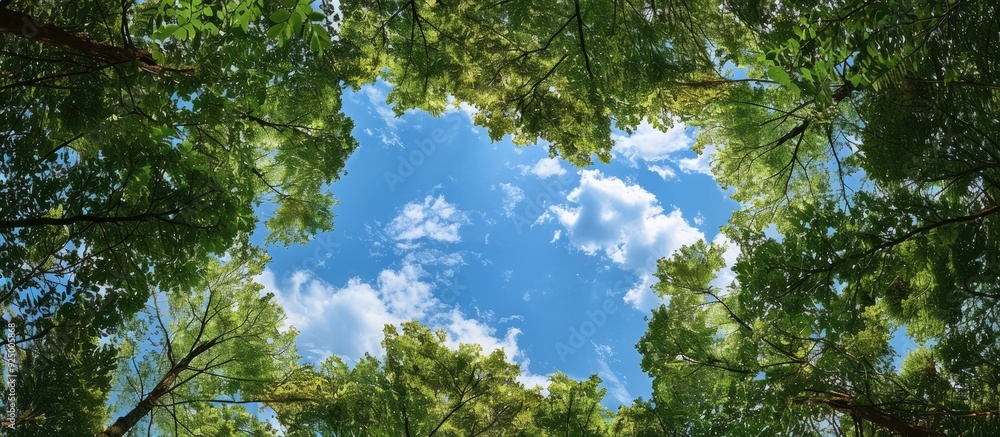 Poster a view of the summer blue sky framed by trees in a forest with ample copy space image available for 