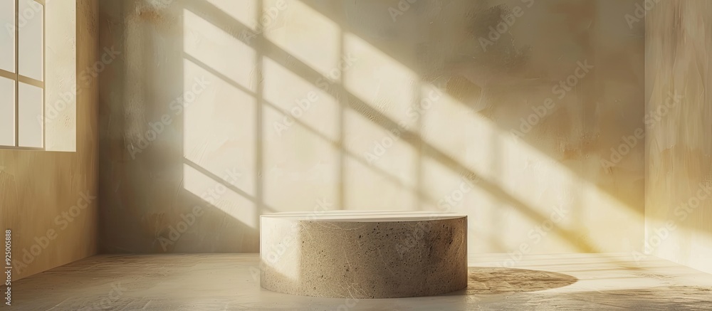 Poster an empty room featuring a stone podium and window shadow perfect for showcasing beauty products in a