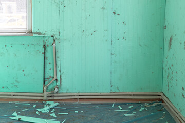 Indoor thermal insulation materials mounted on the wall of a room. XPS (Extruded Polystyrene)...