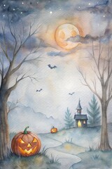 Spooky Halloween scene with a glowing Jack-o'-lantern, haunted house, full moon, and flying bats in a misty graveyard. Perfect for Halloween decorations, cards, and themed projects.