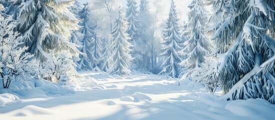 Snow covered forest with a serene snowy landscape offering a serene wintry beauty with a scenic backdrop for a perfect copy space image