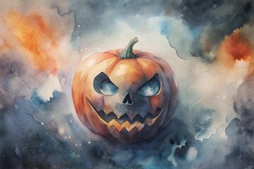 Eerie Jack-o'-lantern with a sinister grin against a moody, smoky background. Perfect for Halloween designs, spooky invitations, and seasonal decorations