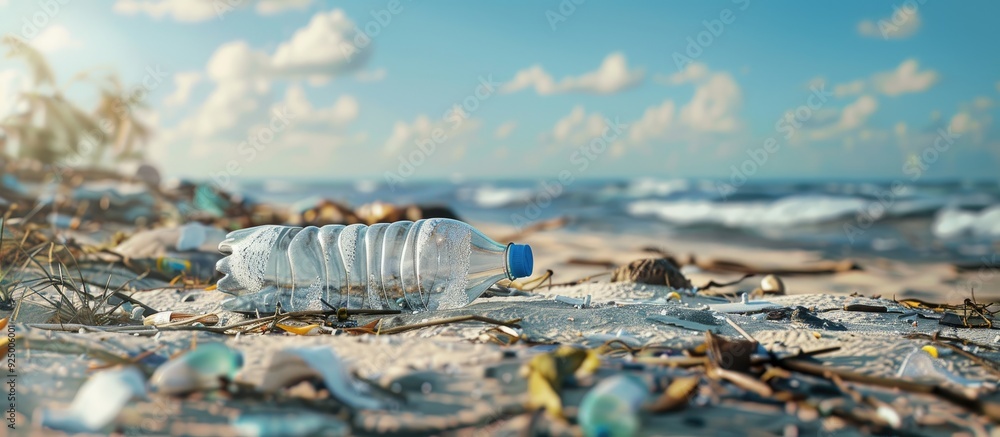 Poster a plastic bottle abandoned on a sandy beach with garbage in the background illustrates waste and pol