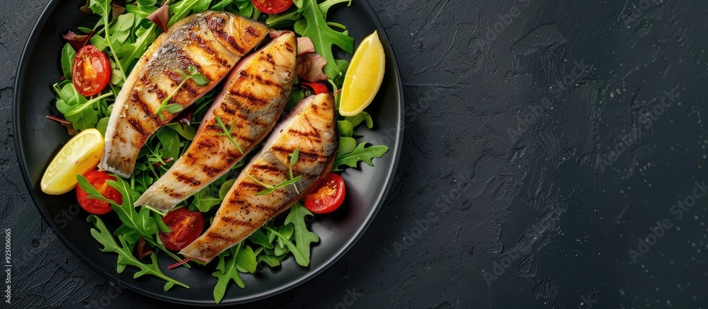 Poster top view of grilled sea bream dorado fillets on fresh salad against a black background with space fo
