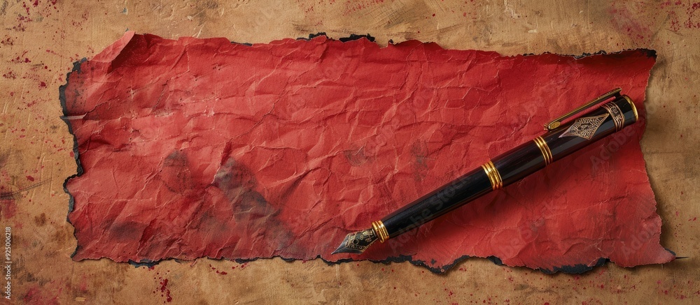 Aufkleber special order message creatively displayed on torn red paper with a brown background featuring a pen