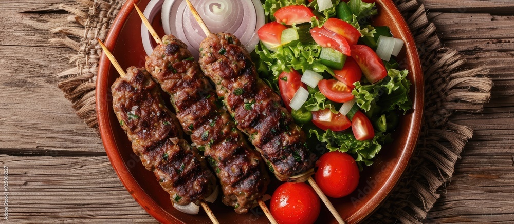 Poster top view of a classic middle eastern kefta or kofta kebab made with a mixture of beef and lamb cooke
