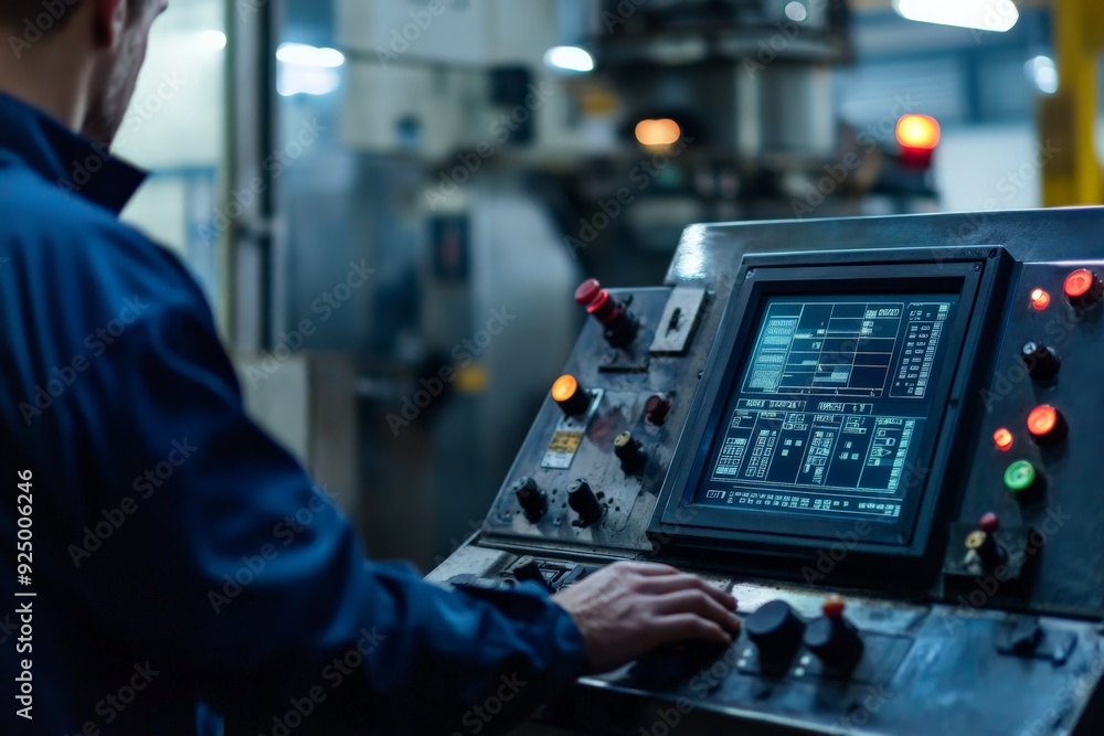 Poster engineer operating an industrial control panel in a factory. high-tech machinery management and auto