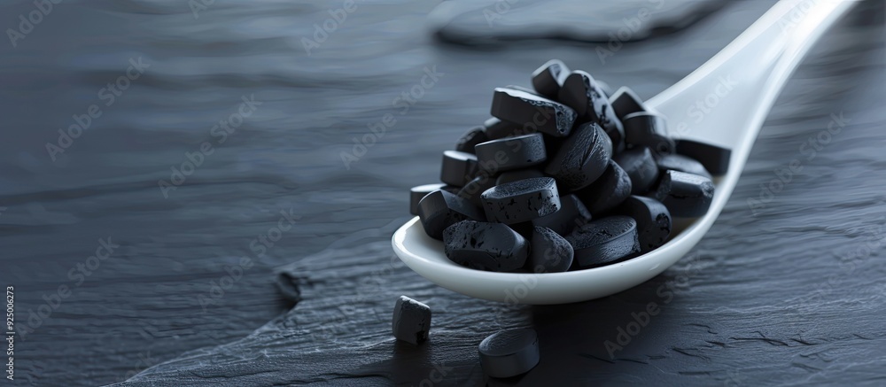 Poster a white spoon holds activated charcoal tablets with a blank space for text or image integration. cop