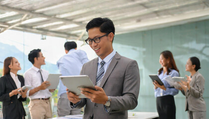 An office worker is playing on a tablet surrounded by his colleagues because of his achievements.