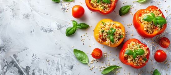 Top view of a quinoa filled bell pepper garnished with basil and tomato on a bright surface providing copy space for text